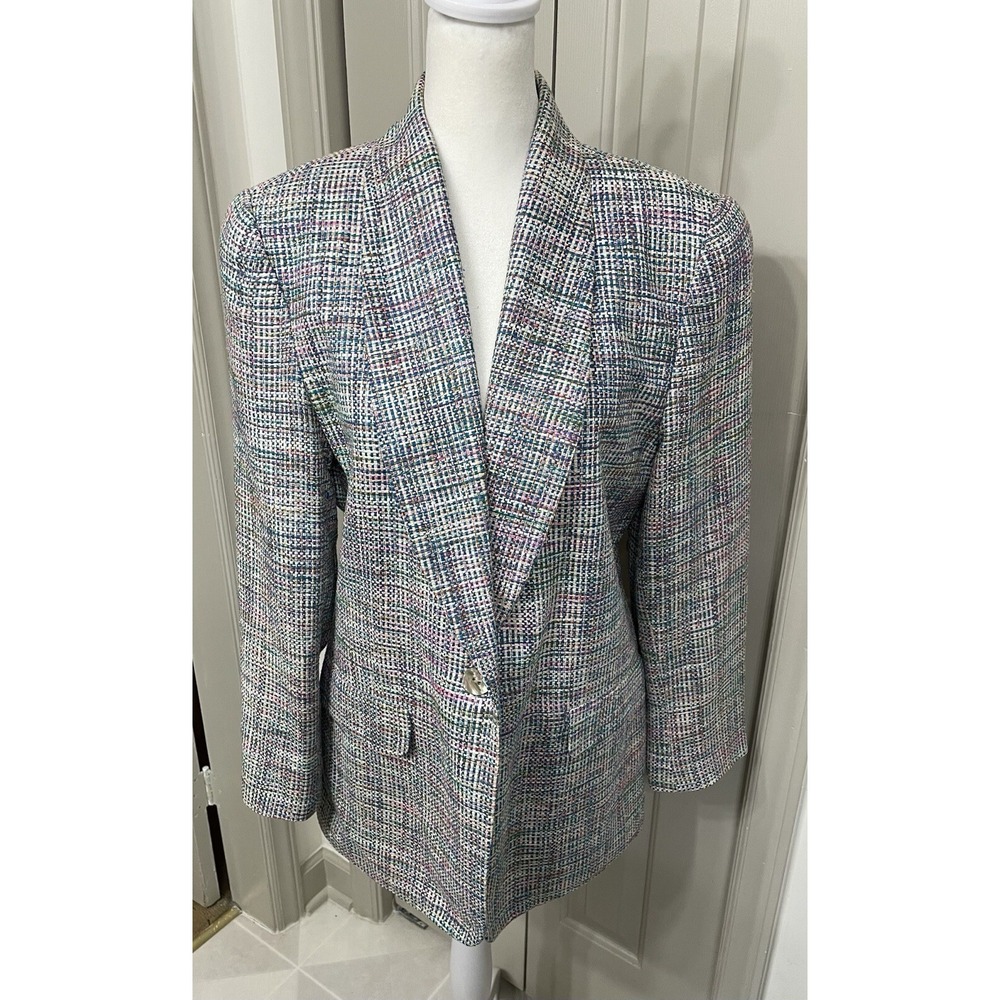 Vintage Silk Blazer Size 10P Pink Blue Tweed Textured Pearl Button